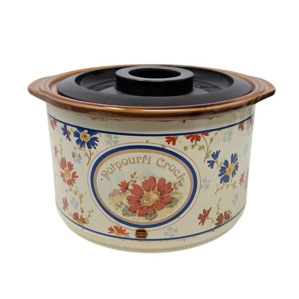 Vintage 80s Potpourri Crock Pot Simmer Cottage Witchy Brown Floral Rival 3207